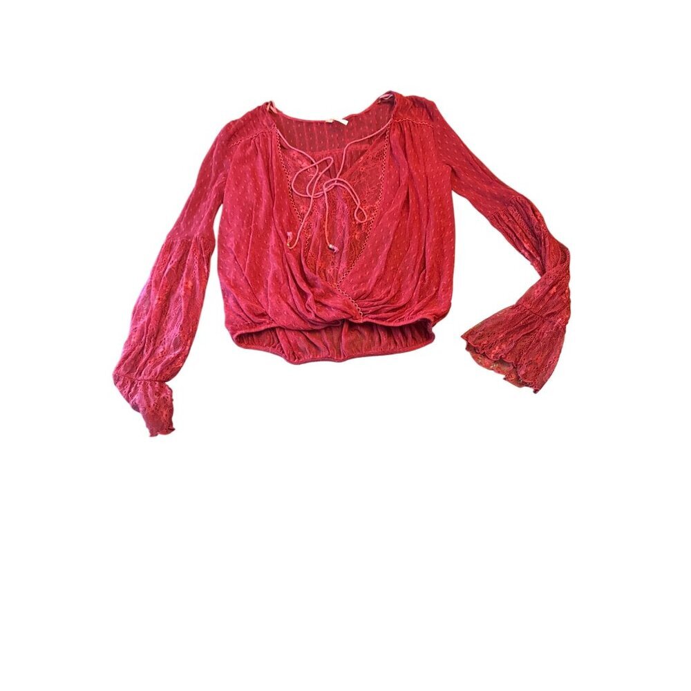 Free People Red Sheer Lace Polka Dot Crop Blouse With Bell Sleeves Size‎ M
